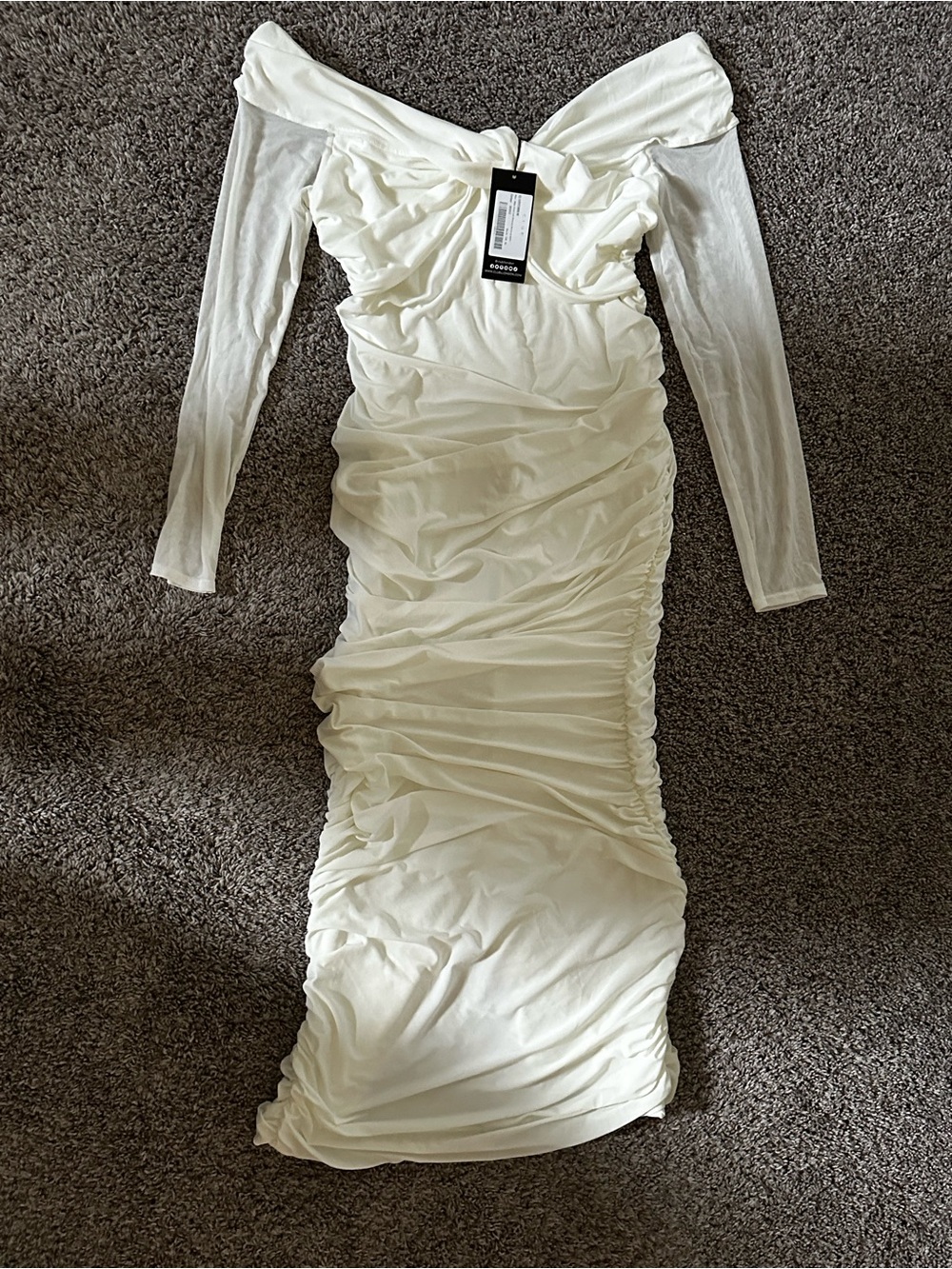 Club L London Off‑Shoulder Long Sleeve Ruched Cream Dress